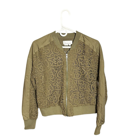 Anthropologie Tencel Blend Crochet Bomber Jacket Army Green Size Small Petite SP - Picture 3 of 6